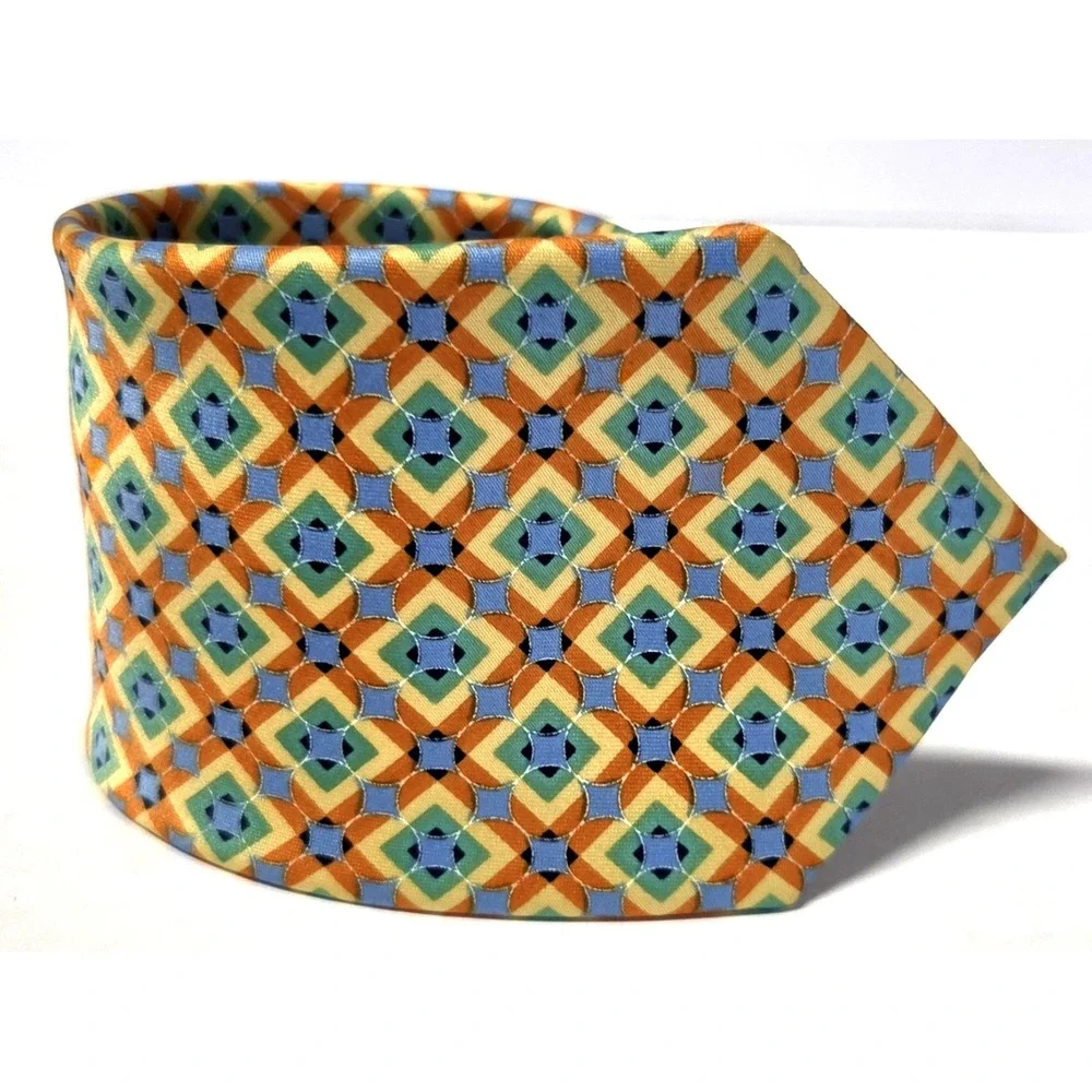 Perry Ellis Necktie Orange/Yellow/Blue/Mint Geometric Diamond Print Poly Tie